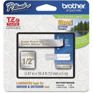 Brother  Label Tape,Laminated,f/P-touch,0.47"x26.2',GoldonSatinSilver