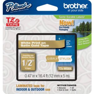 Brother  Label Tape,Laminated,f/P-touch,0.47"x26.2',WhiteonSatinGold