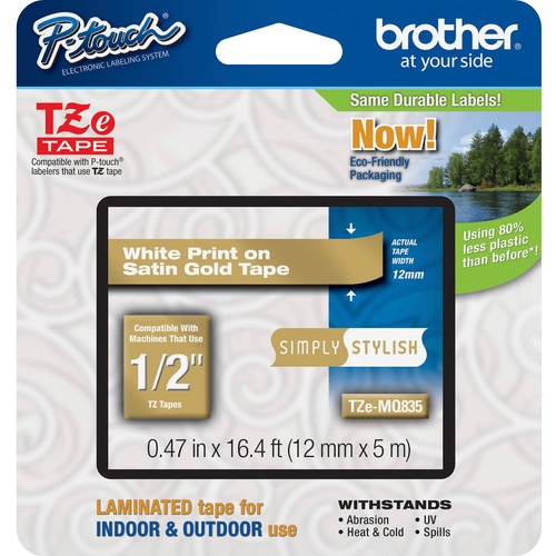 Brother Label Tape,Laminated,f/P-touch,0.47"x26.2',WhiteonSatinGold