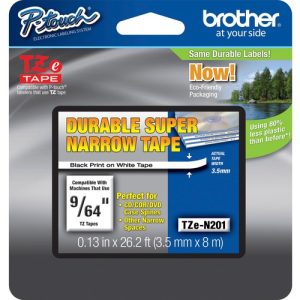 Brother  Label Tape,Narrow,Non-laminated,0.13"x26.2',BlackonWhite