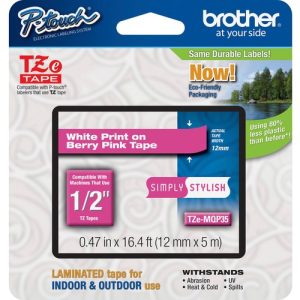 Brother  Label Tape,Laminated,f/P-touch,0.47"x26.2',WhiteonBerry Pink