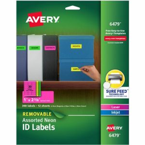 Avery Laser/Inkjet Labels, Remvbl, 30UP, 1"x2-5/8", 360/PK, NE/AST