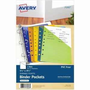 Avery  Binder Pockets, Mini,8-1/2"x5-1/2", 5/PK, GN/BE/OE/YW/PE
