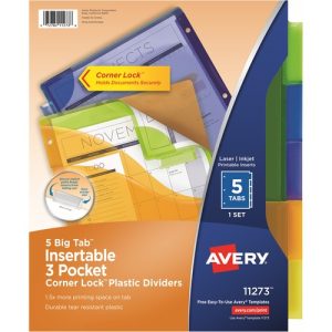 Avery  Plastic Divider,w/Corner Lock,3 Pockets,5-Tab,9"x11",Multi