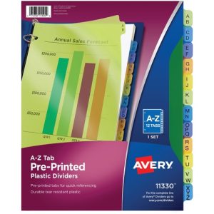 Avery  Plastic Dividers, Printed A-Z, 8-1/2"x11",12 Tabs/ST, AST