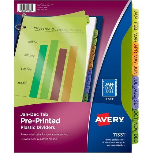 Avery Plastic Dividers, Printed Jan-Dec, 8-1/2"x11, 12 Tabs, AST