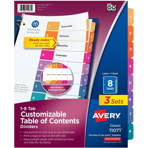 Avery Ready Index Dividers,TOC,8-Tab,3HP,8-1/2"x11",3/PK,12/CT,MI