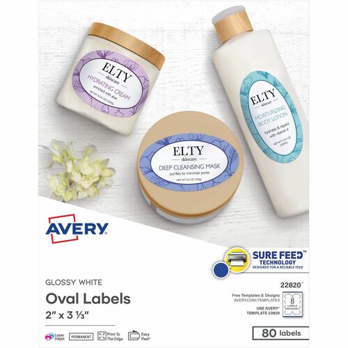 Avery Labels, Oval, 2"x3-1/3", 80/PK, Glossy/White