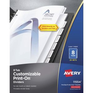 Avery  Print-On Dividers, 8-1/2"x11", 8Tab Sets, 25/BX, White