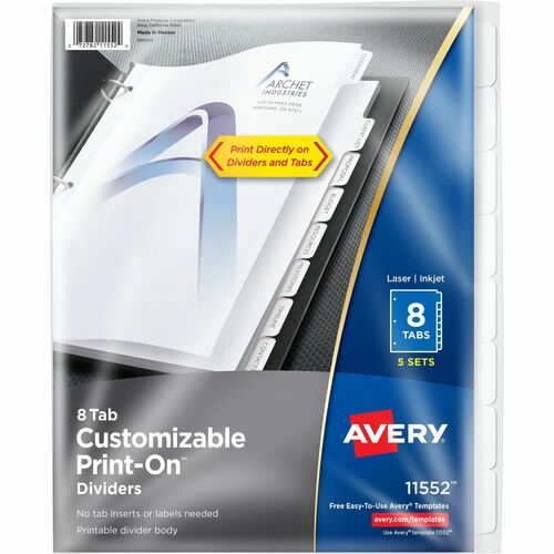 Avery Print-On Dividers, 8-1/2"x11", 8TB/5ST, 5/PK, White