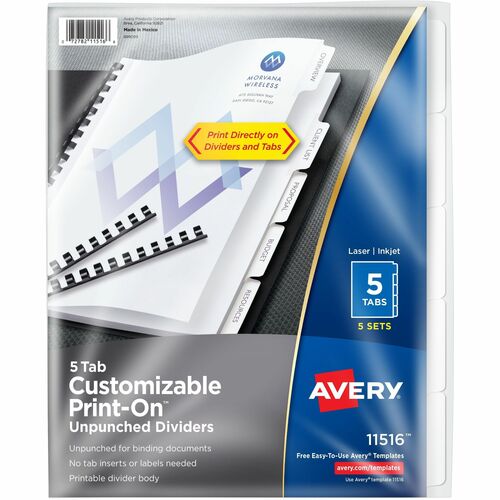 Avery Print-On Dividers, Unpunched, 8-1/2"x11", 5Tab/ST, 5/BX, WE