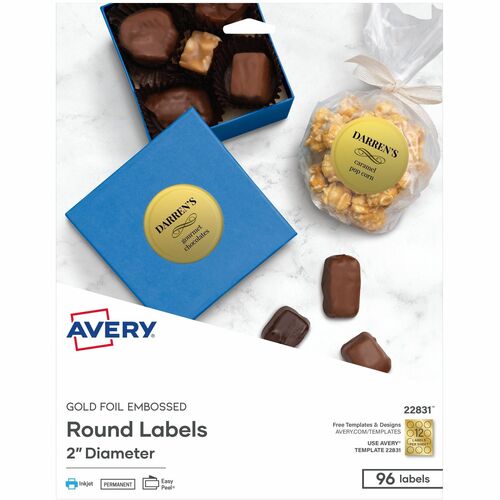 Avery Labels, Round, Foil/Embossed, 2" Dia, 96/PK, Gold