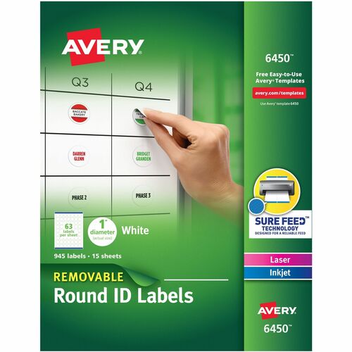 Avery Removable Round Labels, 1", 945/PK, White