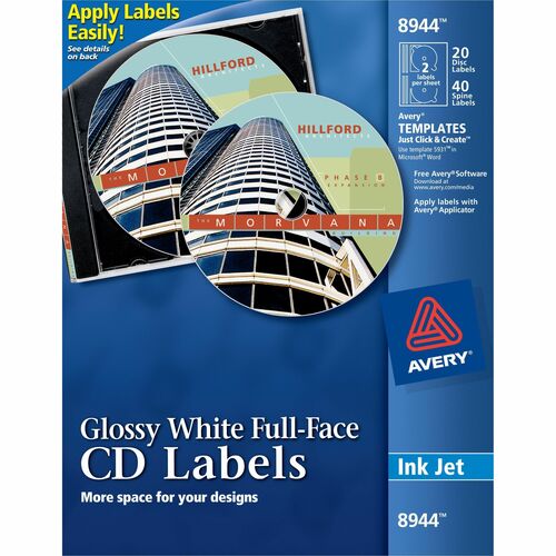 Avery Labels, CD, Inkjet Glossy, 20/Labels, 40/Inserts, White