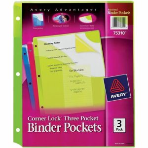 Avery  Binder Pockets, Corner Lock, 20 Pg Cap., 3/PK, Assorted