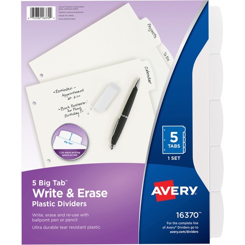 Avery Write-On Divider, 5/Tab, 3-Hole Punch, 8.5"x11", White