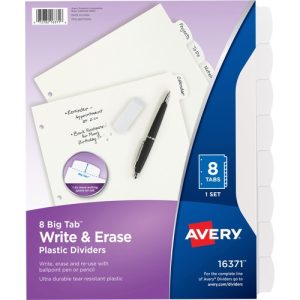 Avery  Write-On Divider, 8/Tab, 3-Hole Punch, 8.5"x11", White