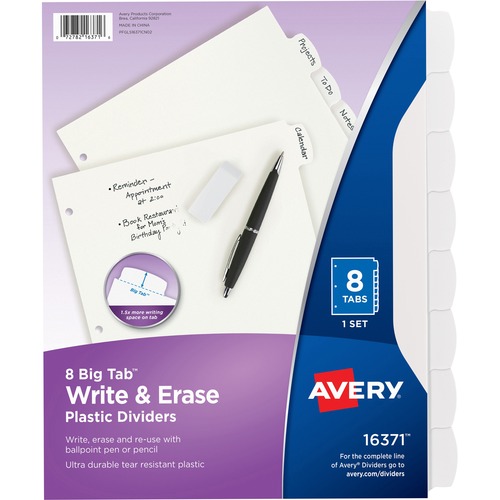 Avery Write-On Divider, 8/Tab, 3-Hole Punch, 8.5"x11", White