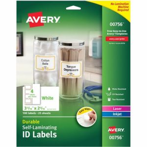 Avery  ID Labels, Self-Lam, 4UP, 2-5/16"x3-5/16", 100/PK, White