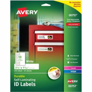 Avery  ID Labels, Self-Lam, 10UP, 1-1/32"x3-1/2", 250/PK, White