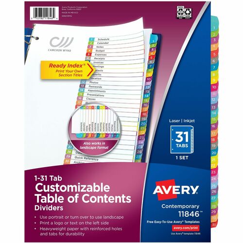 Avery Ready Index Dividers, 31-Tabs, 31/ST, Multi