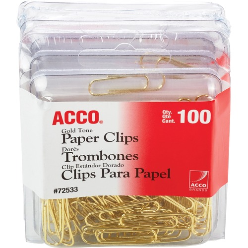 ACCO Regular Paper Clips, No. 2, 100 Clips/BX, 4BX/PK, Gold