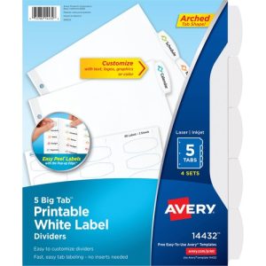 Avery  Dividers, Big Tab, w/Labels, 3HP, 5-Tab, 4 Sets/PK, White