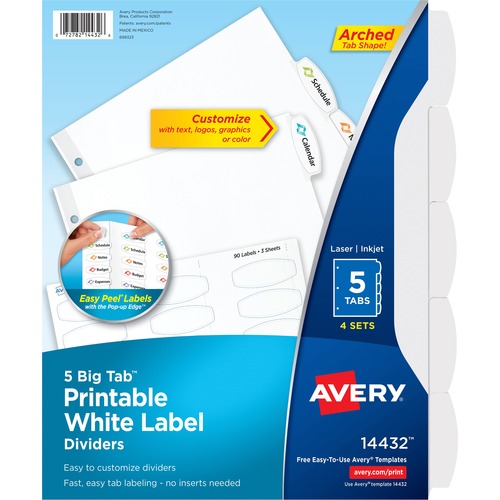 Avery Dividers, Big Tab, w/Labels, 3HP, 5-Tab, 4 Sets/PK, White