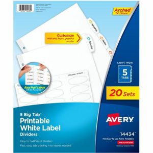Avery  Dividers, Big Tab, w/Labels, 3HP, 5-Tab, 20 Sets/BX, White