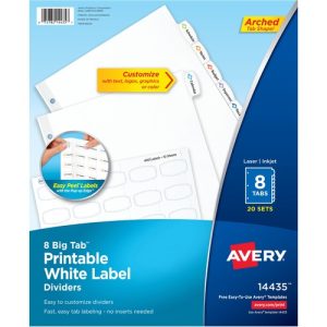 Avery  Dividers, Big Tab, w/Labels, 3HP, 8-Tab, 20 Sets/BX, White