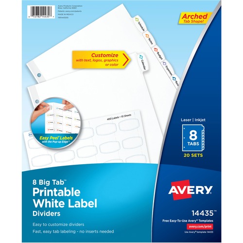 Avery Dividers, Big Tab, w/Labels, 3HP, 8-Tab, 20 Sets/BX, White