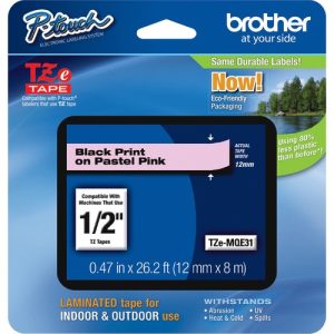 Brother  Label Tape,Laminated,f/P-touch,0.47"x26.2',BlackonPastelPink