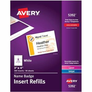 Avery  Insert Badge Refill, Fits 3"x4", 6/Sht, 300/BX, WE