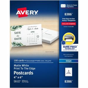 Avery Inkjet Postcard, Perforated, 4"x6", 100/BX, White