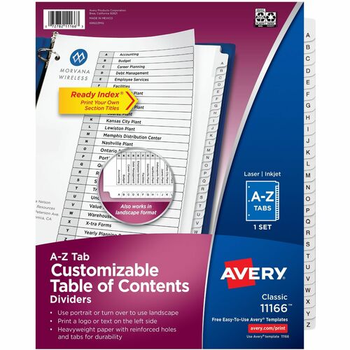 Avery Dividers, Ready Index, A-Z, 9-3/4" x 11", 26/Set, White