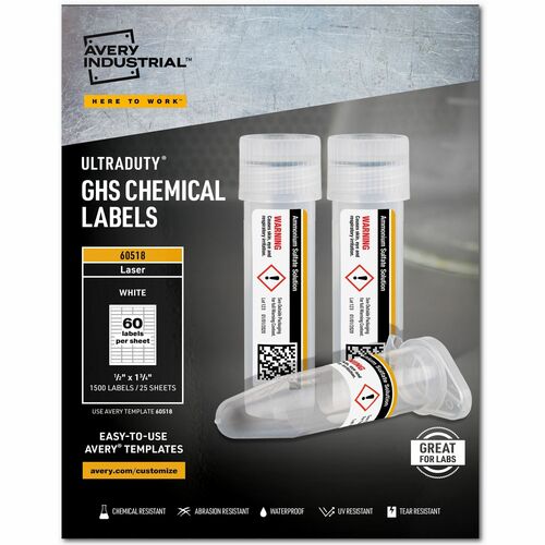 Avery Labels, GHS Chemical, Laser, 1/2"x1-3/4", 1500/PK, White