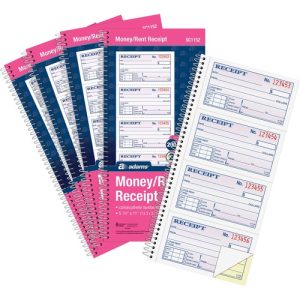 Adams Money Receipt Book,Spiral,2Pt,200 Shts,7-5/8"x11",5/PK,WE/CA