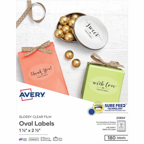 Avery Labels,Oval,18UP,Laser/Inkjet,1-1/2"x2-1/2",180/PK,Glossy CL