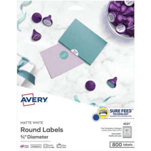 Avery  Labels, Round, Print-to-Edge, 3/4"Dia, 800/PK, Matte White
