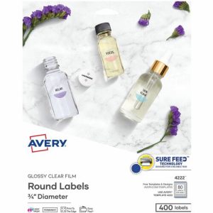 Avery  Labels, Glossy, Round, Print-to-Edge, 3/4"Dia, 400/PK, Clear
