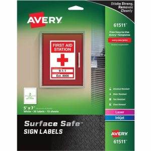 Avery  Labels, f/Safety Signs, Removable, 5"x7", 30/PK, White