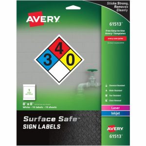 Avery  Labels, f/Safety Signs, Removable, 8"x8", 15/PK, White