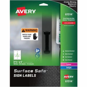 Avery  Labels, f/Safety Signs, Removable, 3-1/2"x5", 60/PK, White