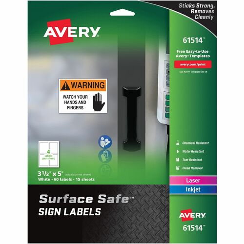 Avery Labels, f/Safety Signs, Removable, 3-1/2"x5", 60/PK, White