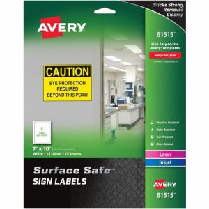 Avery  Labels, f/Safety Signs, Removable, 7"x10", 15/PK, White