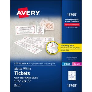 Avery Tickets w/Stubs,Printable,Uncoated,1-3/4"x5-1/2",500/PK,WE