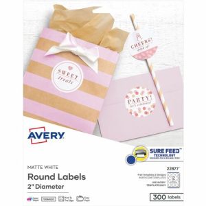 Avery  Labels, Round, Permanent, 2" Dia, 300/PK, Matte White