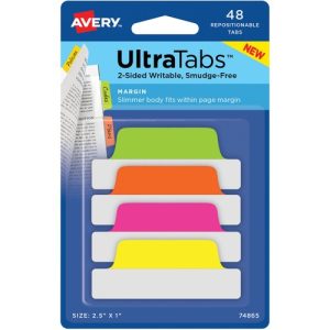 Avery  Tabs, Repositionable, 2-Sided, 2-1/2"x1", 48/PK, AST Neon
