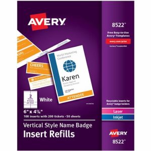 Avery  Insert Refills, f/Vertical Name Badges, 4-1/4"x6", 100/BX