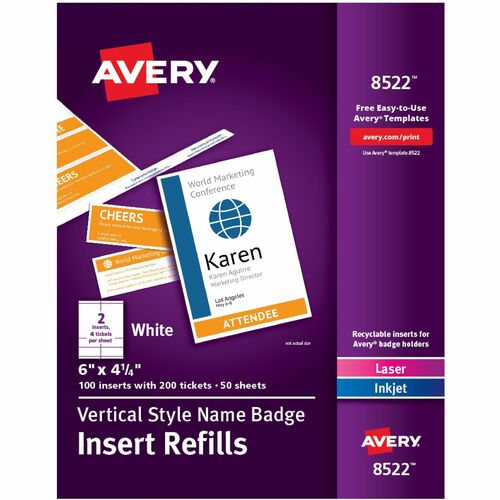 Avery Insert Refills, f/Vertical Name Badges, 4-1/4"x6", 100/BX